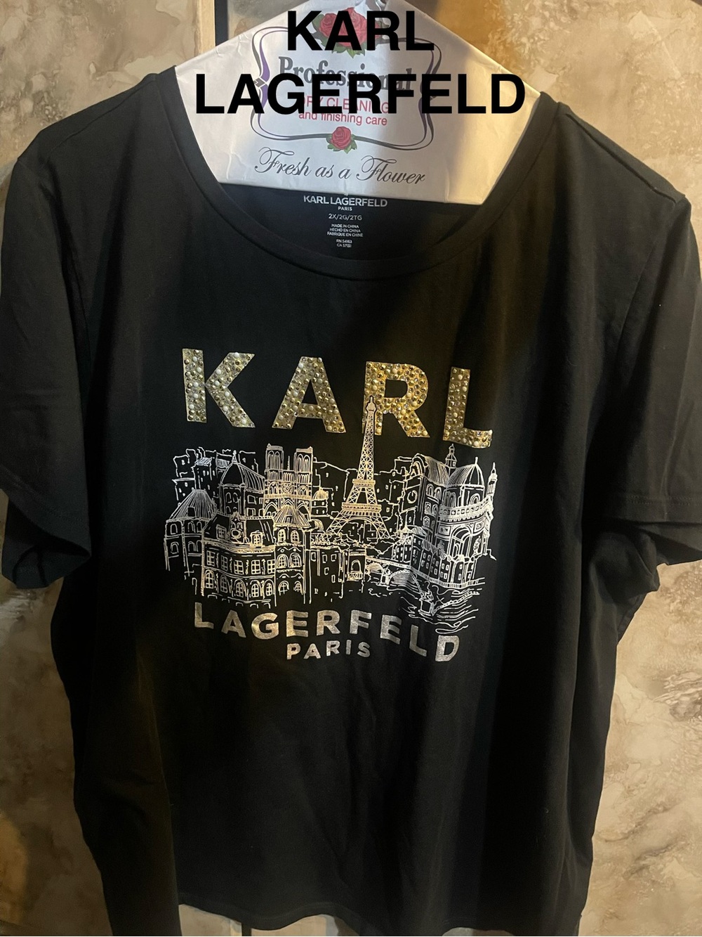 Karl Lagerfeld Black Tee with Gold and Silver Embellished Logo 2X